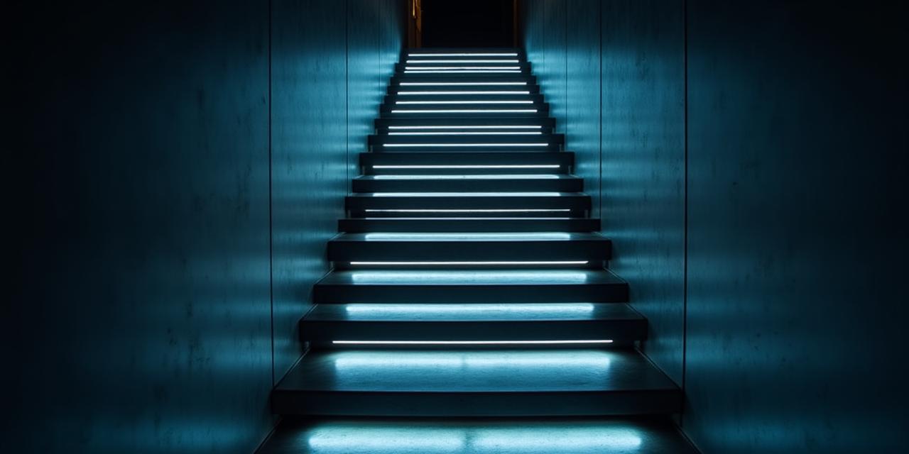 Scala moderna notturna con illuminazione LED integrata che crea giochi d'ombra artistici