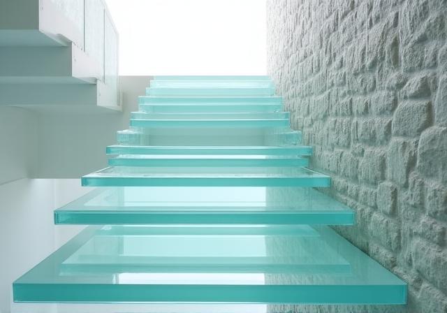 Scala a sbalzo con gradini in vetro extra-chiaro in un loft moderno