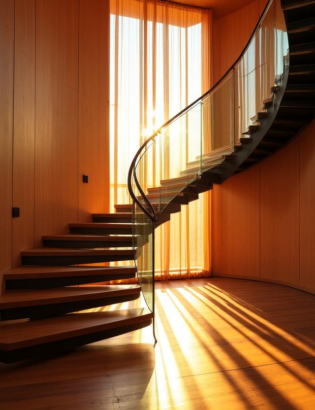 Scala design colpita dalla luce solare pomeridiana con ombre lunghe e drammatiche