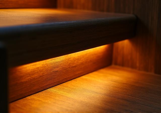 Dettaglio di un gradino in legno con illuminazione LED sottostante