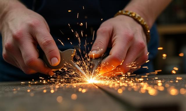 Artigiano al lavoro su una struttura in acciaio in officina
